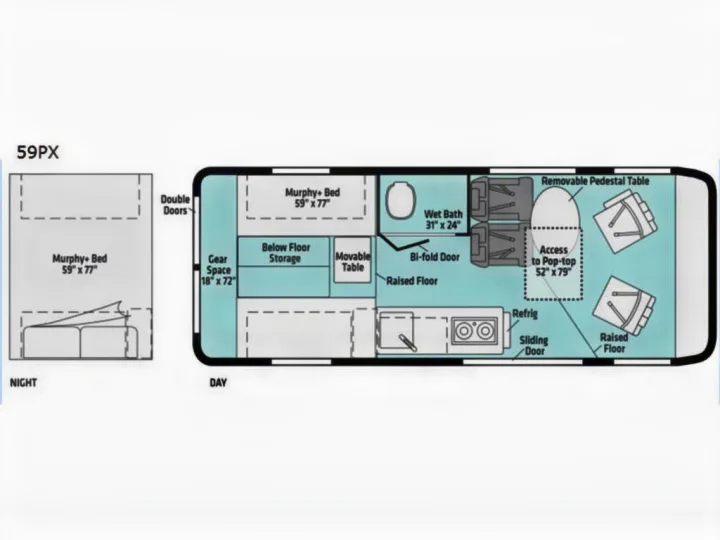 RV rental floor plan (59PX) showing day/night layouts with convertible Murphy bed, wet bath, kitchen, and dining.. Winnebago Solis 2021