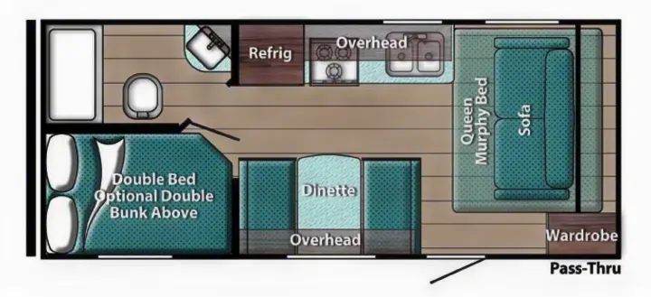 RV rental floor plan. Features a double bed (optional bunk), queen Murphy bed/sofa, dinette, kitchen, and bathroom.. Travel Lite Superlite 2022