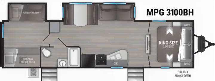 This RV rental MPG 3100BH floor plan shows a family-friendly layout with a king bed, bunks, full bath, kitchen, and ample storage for travel.. Cruiser RV MPG Ultra Lite 2021