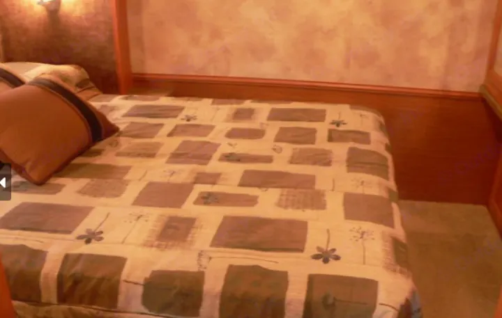 Cozy RV rental bedroom featuring a patterned comforter, brown throw pillow, and warm wood-paneled walls.. Other Other 2010