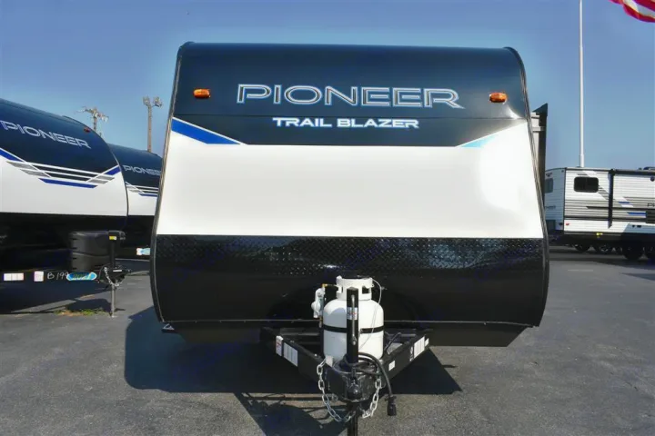 Front view of a black and white Pioneer Trail Blazer travel trailer, ready for your RV rental adventure.. Other Pioneer 2022