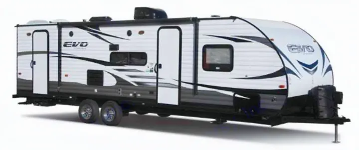 A white and black 'EVO' travel trailer with two entry doors, shown from the side, ideal for an RV rental.. Forest River Evo 2021