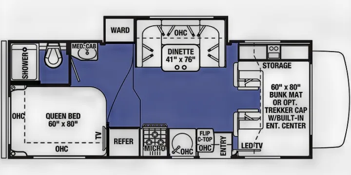 An RV rental floor plan illustrating the layout of a queen bed, dinette, kitchen, bath, and overhead bunk.. Forest River Sunseeker 2020
