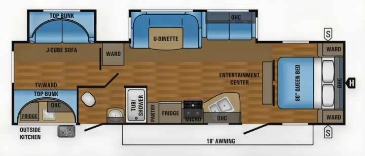 Travel trailer RV rental floor plan shows queen bed, bunks, kitchen, dinette, bath, & outside kitchen.. Jayco 32 BHS 2017