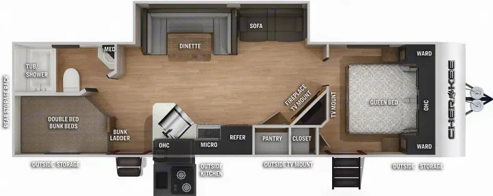 This RV rental floor plan details a travel trailer interior with queen bed, bunk beds, kitchen, bath, dinette, and sofa.. Forest River Cherokee 2022