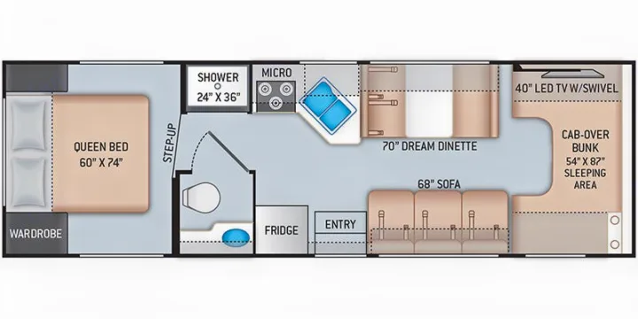 RV rental floor plan: Detailed interior layout shows queen bed, shower, dinette, sofa, and cab-over bunk sleeping area.. Thor Four Winds 2020