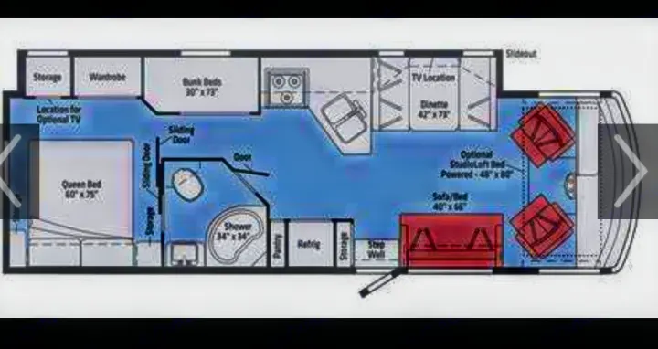 Detailed RV rental floor plan: Queen bed, bunk beds, kitchen, dinette, and bath layout for a spacious mobile home.. Winnebago Vista 2019
