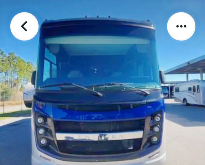 Front view of a stunning blue and silver Entegra motorhome (RV), an ideal choice for your next RV rental adventure.. Ford Motorhome Chassis 2020