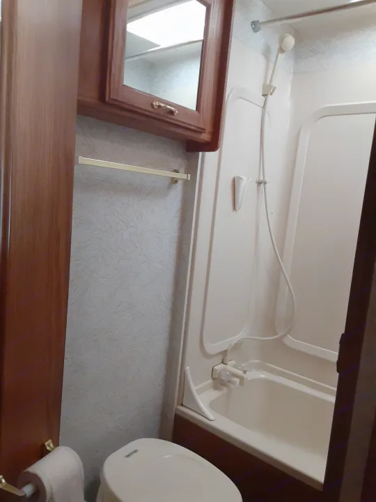 RV rental bathroom interior: compact shower/tub combo, toilet, and wood-framed mirrored vanity with a towel bar.. Jayco Eagle 1996