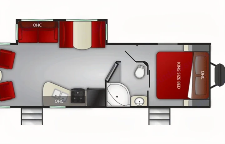 Top-down RV rental floorplan: Spacious interior featuring a king bed, living area, full kitchen, and bathroom.. Cruiser RV MPG Ultra Lite 2020
