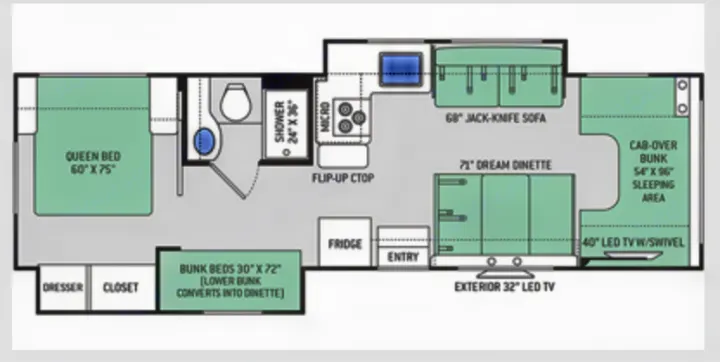 RV rental floor plan detailing a queen bed, bunk beds, kitchen, and living area for comfortable travel.. Thor Freedom Elite 2019