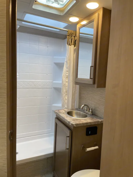 RV rental bathroom featuring a shower stall, compact vanity with sink, and mirror cabinet, maximizing space efficiently.. Thor Magnitude GA22 2022