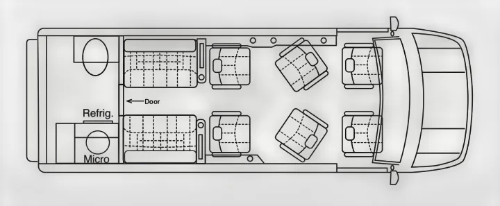 RV rental floor plan: camper van layout with front and mid seating, rear kitchenette (fridge, micro) and sleeping areas.. Ultimate Toys Ultimate Coach 2022