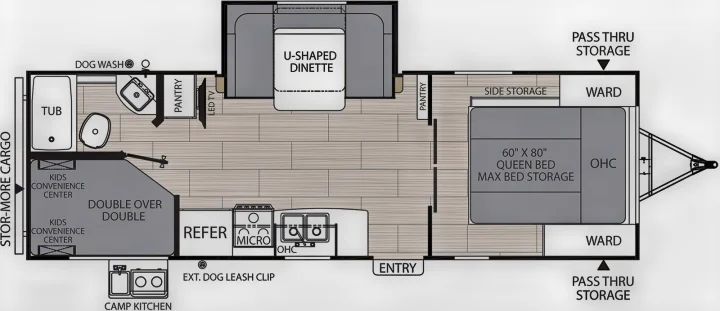 Explore this RV rental's detailed floor plan, featuring queen bed, dinette, bunks, kitchen, bath, & extensive storage.. Coachmen 2549 BHX 2021