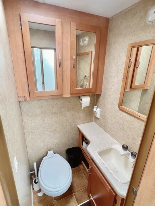 Compact RV rental bathroom features a toilet, sink, mirrored cabinets, and vanity for convenient travel accommodations.. Forest River Sunseeker 2009