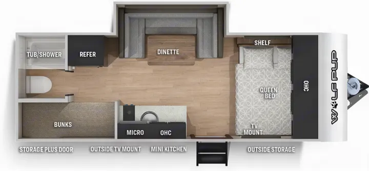 Detailed Wolf Pup **rv rental** floor plan showcasing queen bed, bunks, dinette, kitchen, and bath.. Forest River Wolf Pup 2020