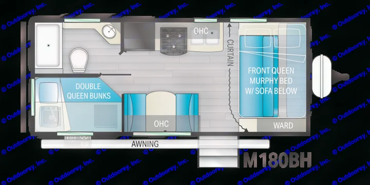 RV rental floor plan: queen Murphy bed, double bunks, kitchen, and bath. Perfect layout for your next family road trip.. Heartland mallard 2022