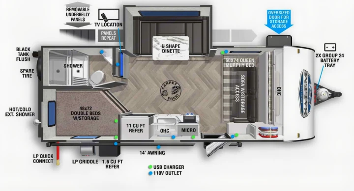 Detailed RV rental floor plan diagram, highlighting beds, U-dinette, kitchen, and shower layout for a camper.. Forest River Salem FSX 2021