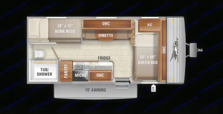RV rental floor plan for a travel trailer, showing a queen bed, bunk beds, kitchen, bath, and dinette.. Jayco Jay Flight 2021