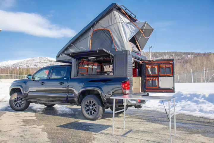 Experience overlanding with this Tacoma truck camper and rooftop tent, perfect for your next RV rental adventure.. Toyota Tacoma 2022