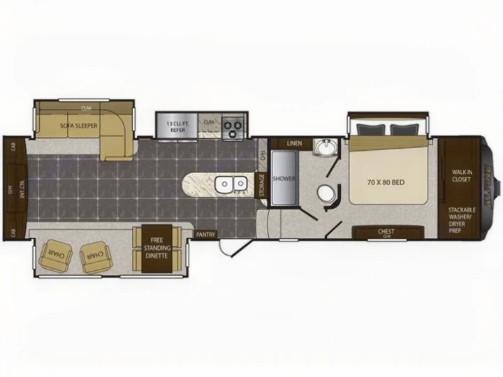 RV rental layout: See this travel trailer's floor plan with a large bed, full kitchen, and living space.. Keystone RV Alpine 2015