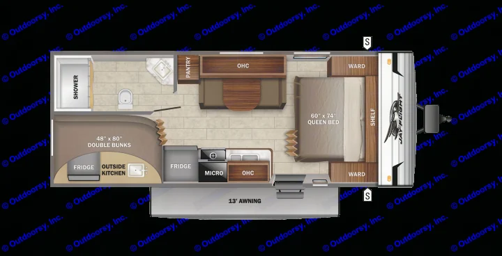 Detailed RV rental floor plan showing a queen bed, bunks, full kitchen, and dinette in a travel trailer.. Jayco Jay Flight 2022