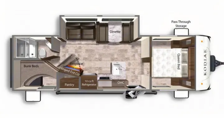Detailed RV rental floor plan of a Kodiak travel trailer, featuring queen bed, bunk beds, kitchen, and dinette for family trips.. Dutchman Kodiak SE 2022
