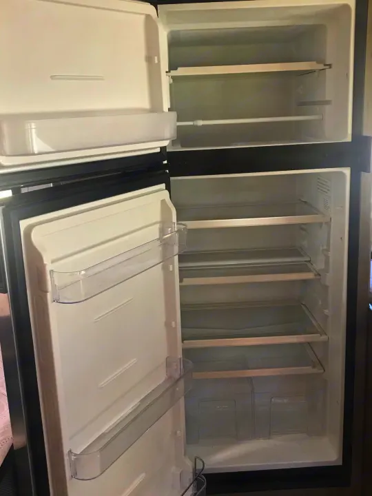 Empty, clean RV rental refrigerator with both freezer and fridge doors open, revealing shelves and bins.. Forest River Coachmen Freelander 2019