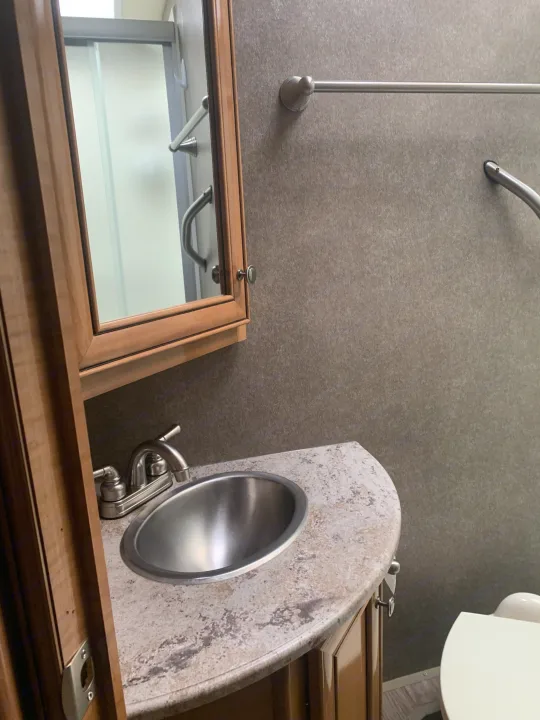 Efficient RV rental bathroom: stainless sink, vanity, mirrored cabinet, toilet, and a reflected shower area.. Thor Synergy 2018