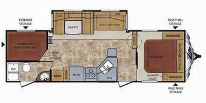 This RV rental floor plan details a spacious layout with a queen bed, bunk beds, kitchen, dinette, and living areas.. Keystone RV Cougar 2014