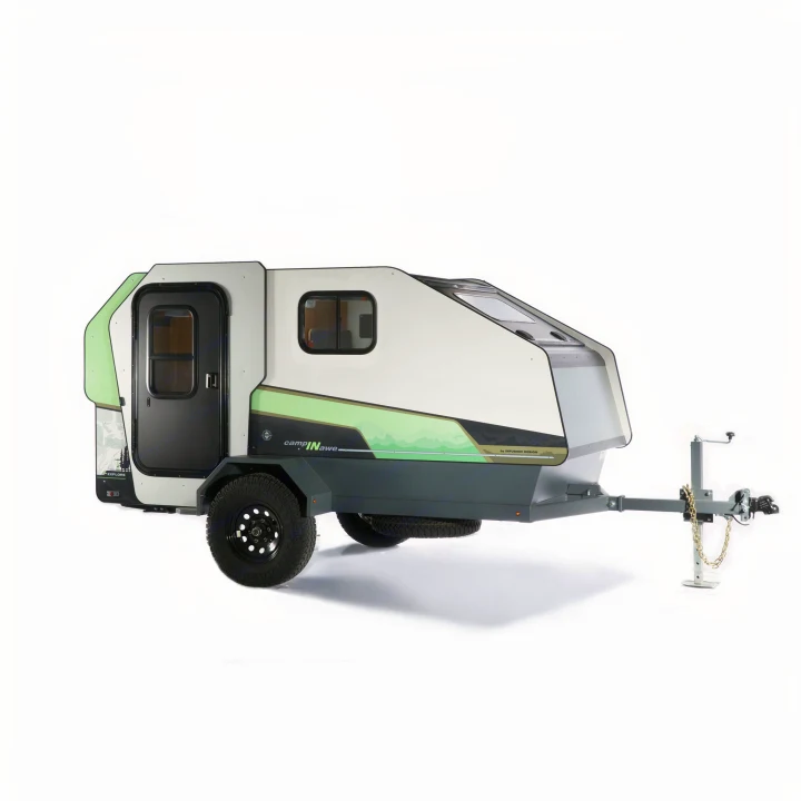Modern compact travel trailer, featuring white, green, and grey design, ideal for your next RV rental adventure.. Campinawe Sport 2022