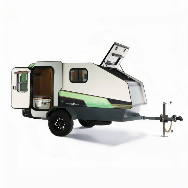 Modern white & gray teardrop camper trailer with open doors, ideal RV rental for camping adventures.. Campinawe Sport 2022