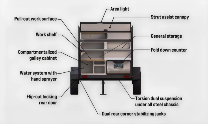Compact RV rental trailer's open rear reveals organized galley, storage, work surface, and camping utility for adventurers.. Campinawe Sport 2022
