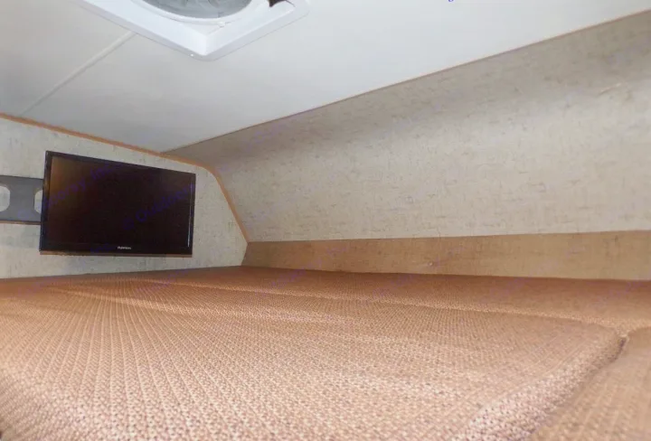 RV rental interior: cozy sleeping area with bed, wall-mounted TV, and ceiling vent.. Coachmen Leprechaun 2018