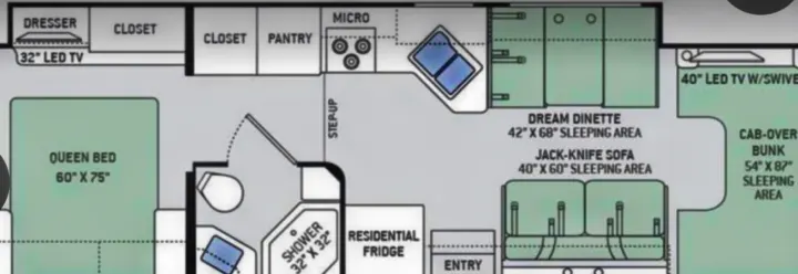 RV rental floor plan: detailed layout with queen bed, dinette, sofa, bunks, kitchen, and bathroom.. Thor Motor Coach Four Winds 2018