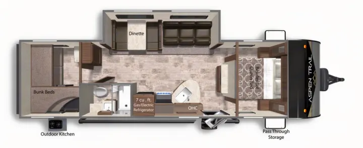 Explore this Aspen Trail RV rental floor plan, featuring a queen bed, bunk beds, dinette, kitchen, and outdoor kitchen.. Dutchmen Aspen Trail LE 2023