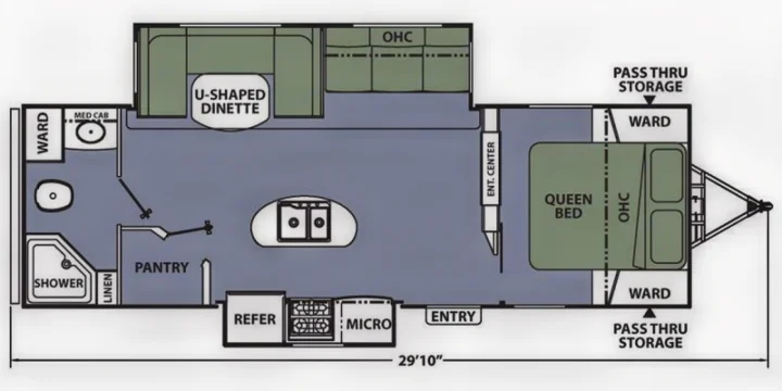 RV rental blueprint: 29'10" travel trailer layout shows queen bed, U-dinette, kitchen, bath, and ample storage.. Coachmen Apex 2016