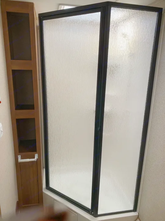 Inside an RV rental: a compact corner shower with frosted glass doors and adjacent built-in storage shelving for essentials.. Coachmen Apex 2016