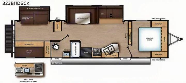 RV rental: 323BHDSCK camper layout. Features queen bed, bunk beds, kitchen, bath, dinette, sofa, and outdoor kitchen.. Coachmen Catalina 2022
