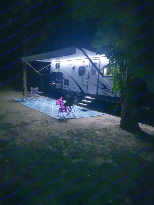 This photo shows how well lit the exterior of the trailer is at night. Cruiser RV Shadow Cruiser 2019