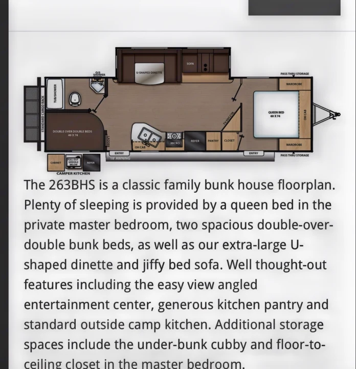 Convenient floorplan with jackknife sofa, convertible dinette, two double bunks and queen short bed.. Coachmen 263bhsck 2021