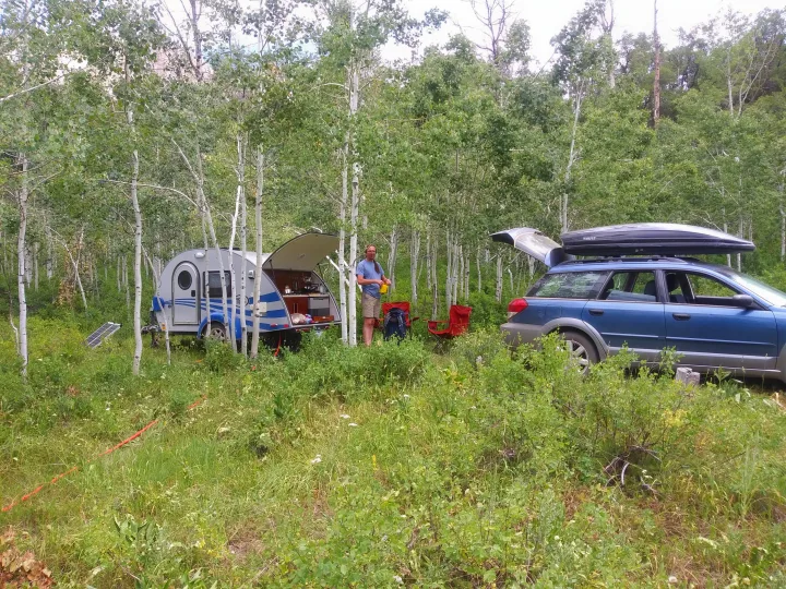 Outdoor camping with a compact RV rental & Subaru.. T@G T@G Trailer 2016