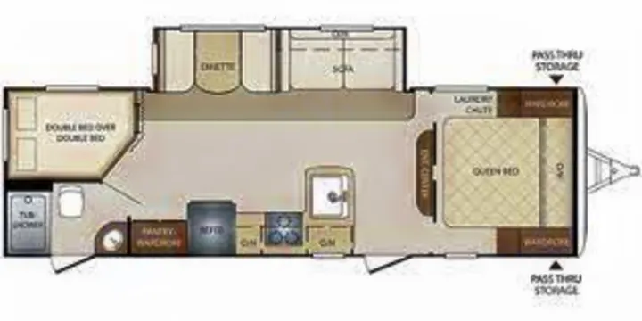 RV rental floor plan: spacious travel trailer interior layout with queen bed, bunk beds, full kitchen & bath.. Keystone RV Bullet Ultra Lite 2017
