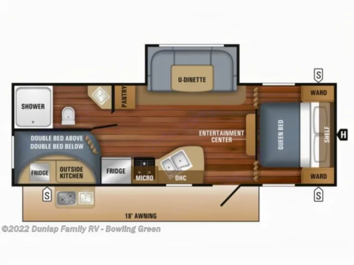RV rental floor plan featuring queen bed, bunkhouse, kitchen, bathroom, U-dinette, and outdoor kitchen with 18' awning.. Jayco Rocky Mountain 242BHSW 2019