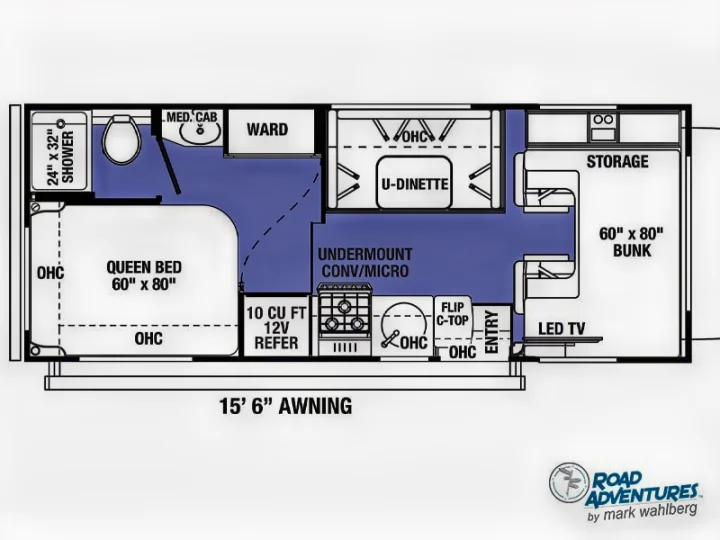 RV rental floor plan: camper layout with queen bed, bunk, shower, kitchen, dinette. Road Adventures.. Forest River Sunseeker 2023