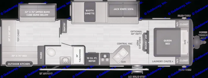 Detailed RV rental floor plan with queen, bunk beds, kitchen, and living spaces, perfect for family adventures.. Keystone Hideout 2021