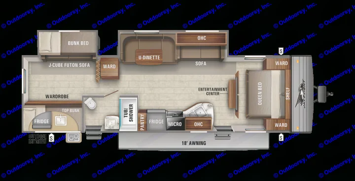 Detailed RV rental floor plan of a Jay Flight travel trailer with bunk beds, queen bed, kitchen, bath, and a comfy living area.. Jayco Jay Flight SLX 2021