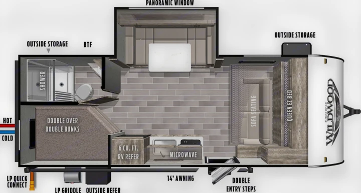 RV rental floor plan: queen bed, bunks, full bath, kitchen, panoramic window, and 14' awning for comfortable travel.. Forest River Other 2022