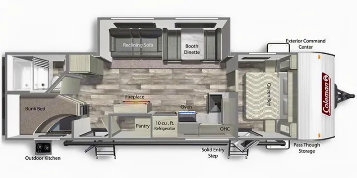 Top-down view of a modern RV rental floor plan featuring living, sleeping, kitchen, and bathroom zones.. Dutchmen Coleman 2022