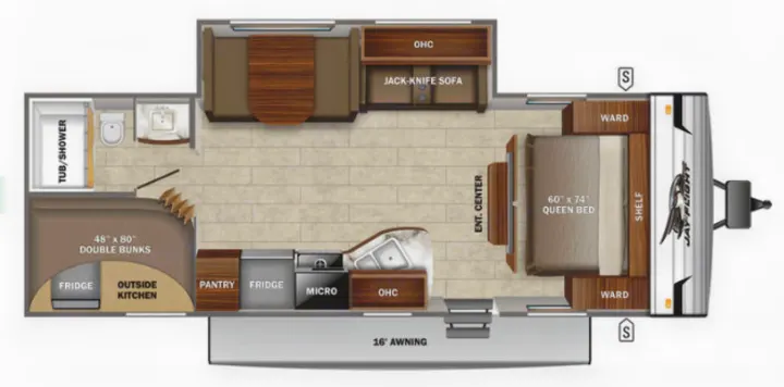 RV rental floor plan: Jay Flight travel trailer layout with queen bed, bunks, kitchen, bath, dinette, and sofa.. Jayco JayFlight 267BHSW 2022